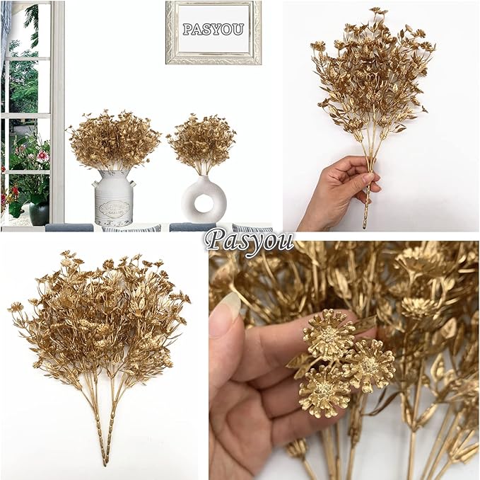 PASYOU Artificial Gold Flowers, Plastic Simulation Plants Golden Daisy Leaves Faux Shrubs for Indoor Outdoor Home Garden Planter Filler Party Hotel Verandah Wedding DIY Decoration 4 Pack