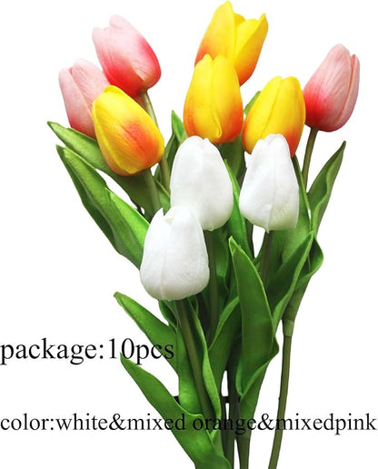 Artificial Flowers 10 Heads Mini Real Touch Artificial Tulip Multicolor Bouquet for Home Wedding Party Centerpiece Decoration (White&Orange&Pink)