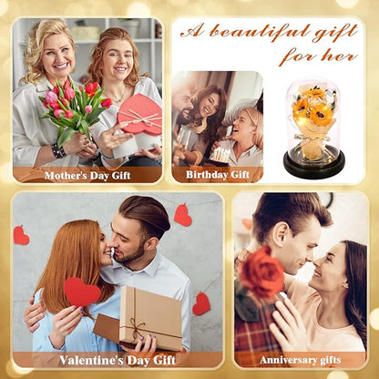 Christmas Sunflower Gifts for Her,Flower Rose in Glass Dome with 2 Lighting Mode,Sunflower Gifts for Mom,Artificial Forever Flowers Xmas Birthday Gifts for Women Mom Wife Girlfriend Sister Friend