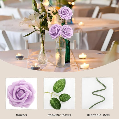 Artificial Flowers 50PCS Light Purple Roses Real Looking Foam Fake Roses with Leaves and for DIY Wedding Bouquets Bridal Shower Centerpieces Party Decorations (Lilac)