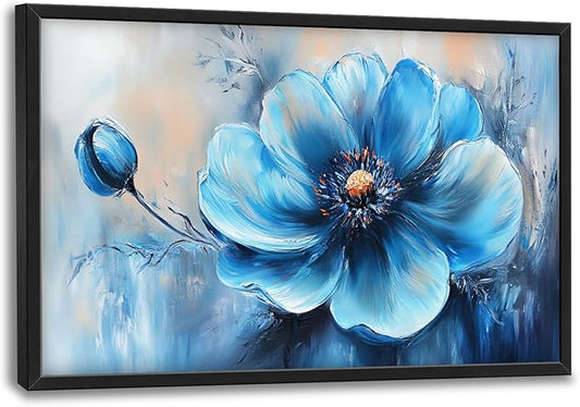 Extra Large Abstract Blue Flower Framed Wall Art for Living Room,Oversized Elegant Floral Pictures Wall Decor,Canvas Print Painting Modern Artwork Bedroom Office Bathroom 36L x 24W