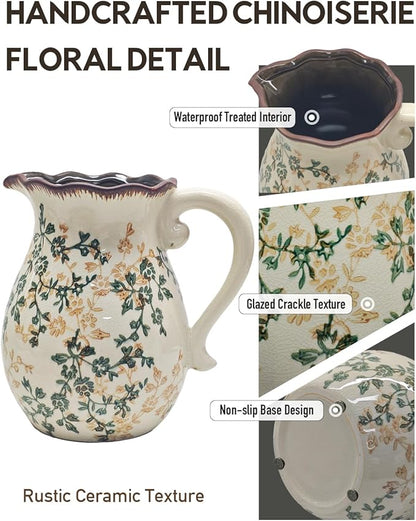 Vintage Ceramic Flower Pitcher Vase Home Decor - Tabletop Rustic Large Vase for Decor Living Room Bookshelf Office Kitchen Cottage, White Vases for Bouquet, with Handle | Grand Millennial | 8.3inch
