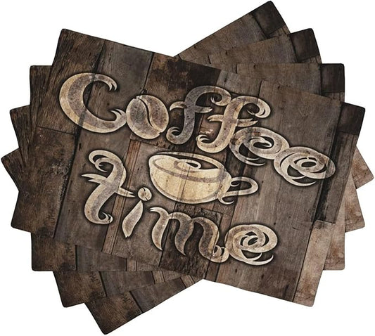 Coffee Linen Table Placemats Set of 4 Coffee Cup Vintage Wooden Print Placemat Indoor Outdoor Party Home Desktop Kitchen Dining Room Decoration 12x18 Inch