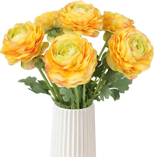 Real Touch Yellow Ranunculus Artificial Flowers 6PCS Artificial Peonies Faux Ranunculus with Stem for DIY Wedding Bouquet Party Table Home Decor(Yellow)