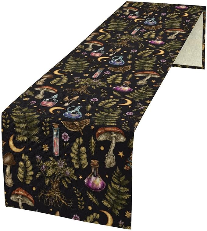 Vintage Mystical Witch Table Runner, Magic Poison Vials Rustic Forest Plants Wild Mushroom Moth Print Table Runner for Kitchen Dining Home Decor Wreath Party Decoration, 13x108inch