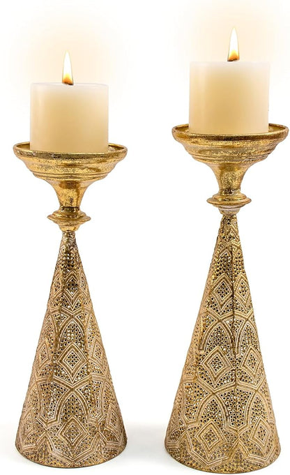 Farmhouse Gold Candle Holders for Pillar Candles, Metal Distressed Set of 2 Retro Flower Design Pillar Candle Stand Dual Use, Can be Vase Table Centerpiece Decor for Fireplace, Living, and Dining Room