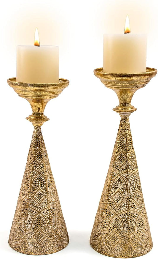 Farmhouse Gold Candle Holders for Pillar Candles, Metal Distressed Set of 2 Retro Flower Design Pillar Candle Stand Dual Use, Can be Vase Table Centerpiece Decor for Fireplace, Living, and Dining Room