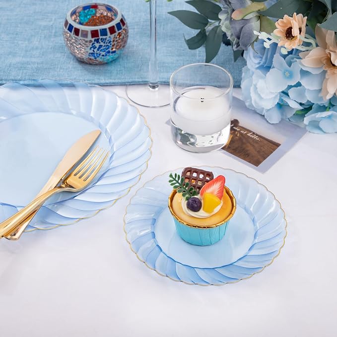 YOUBET 125PCS Clear Blue Gold Plastic Plates - Blue Disposable Plates With Gold Rim Include 25 Dinner Plates 25 Dessert Plates 75 Golden Silverwares for Wedding Birthday & Parties
