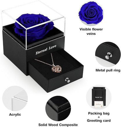 for Mom Wife Women Girlfriend Her, Preserved Real Rose with I Love You Necklace in 100 Language, Eternal Real Rose Flower Gifts for Valetine's Day Birthday Anniversaries