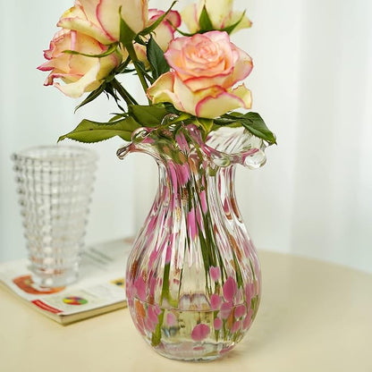 QFkris Handblown Glass Vase, Modern Art Flower Vase with Pink Petal Decorative for Home Decor, 8.5 inch Tall for Living Room Dining Tabletop Centerpiece Statement Office Decoration