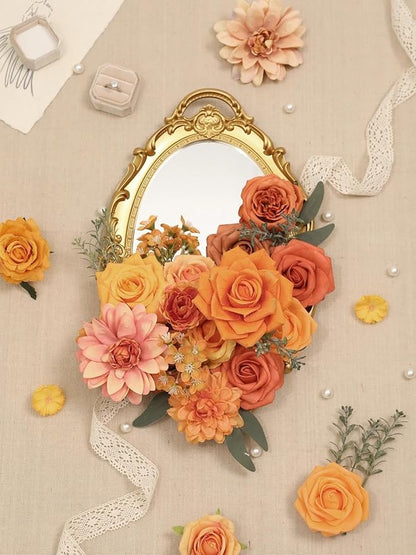 Artificial Flowers Combo Box Orange Fake Roses Silk Flowers with Stems Dahlia for DIY Cake Wedding Bridal Bouquets,Floral Arrangement,Table Centerpieces,Baby Shower,Home Party Decorations
