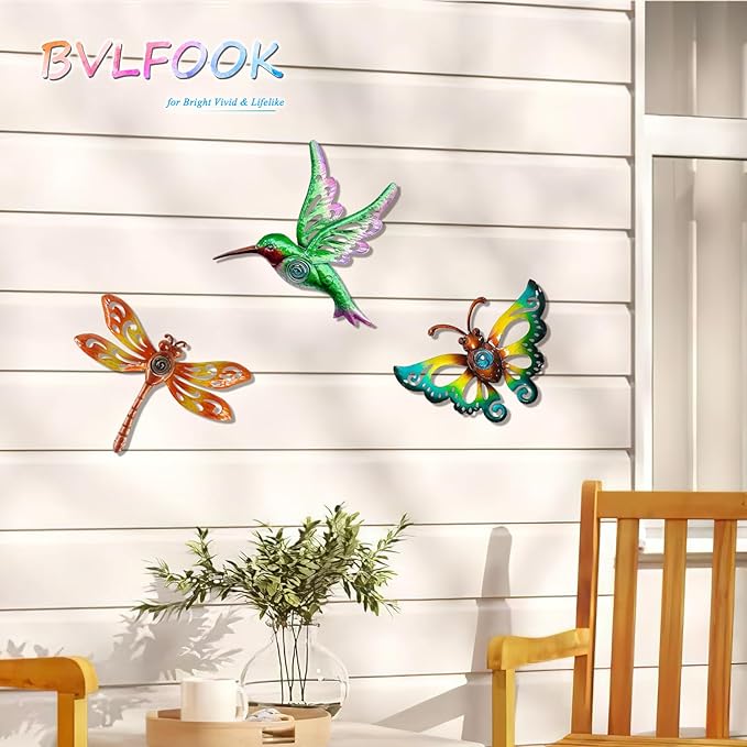 Hummingbird Butterfly Dragonfly Metal Wall Art Decor, Wall Christmas Decoration Hanging for Home Living Room Bedroom Garden Porch Patio Balcony Ornament for Indoor Outdoor, 3 pack 9 inch