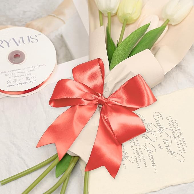 Coral Satin Ribbon, Double Faced 2 Inch X 25 Yards Coral Ribbon, for Gift Wrapping, Crafts, Hair Bow Making, Sewing, Flower Bouquet, Wedding Party Decor