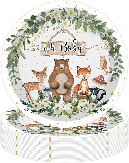 50PCS Woodland Baby Shower Party Paper Plates 7 Inch, Disposable Oh Baby Cake Dessert Plates Safari Jungle Wild Animal Party Supplies for Birthday Gender Reveal Baby Shower Decorations (Woodland)