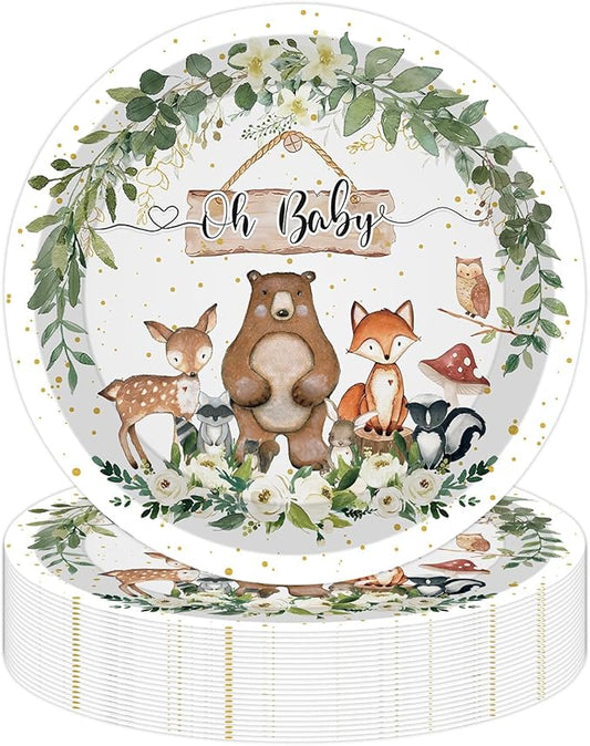 50PCS Woodland Baby Shower Party Paper Plates 7 Inch, Disposable Oh Baby Cake Dessert Plates Safari Jungle Wild Animal Party Supplies for Birthday Gender Reveal Baby Shower Decorations (Woodland)