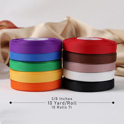 LaRibbons 3/8 Inch 100 Yard Grosgrain Ribbon Pack,10 Yd/Roll 10 Rolls Craft Ribbon for Gift Wrapping Floral Bouquets Wedding Party Decoration, Rainbow