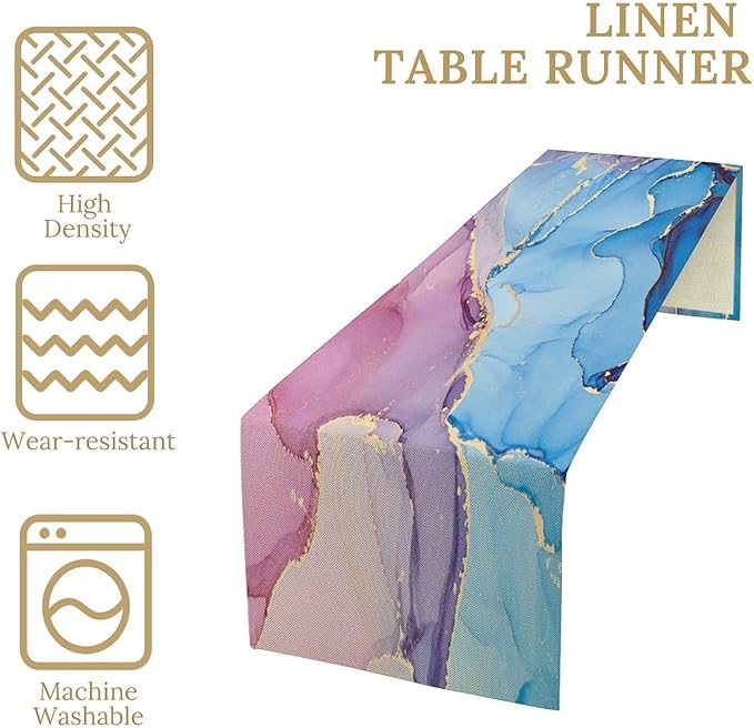 Pink Blue Marble Table Runner Sea Blue Maroon Gold Veins Unique Ombre Abstract Ink Texture Seasonal Dinner Runner Table Decoration for Farmhouse Home Kitchen Dining Holiday Party 13x108in