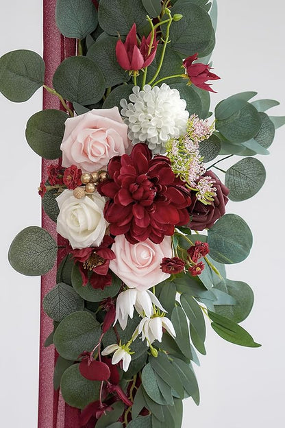 Burgundy Artificial Wedding Arch Flowers Kit (Pack of 3) with 26Ft Burgundy Shiny Arch Draping Fabric for DIY Wedding Party Ceremony Reception Backdrop Floral Decoration