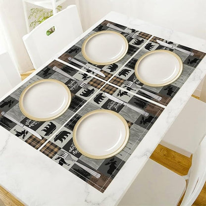 Rustic Cabin Placemats Bear Deer Moose Hunting Plaid Check Art Printed Dining Table Mats Set of 4 for Home Kitchen Holiday Picnic Party Decor 12x18in