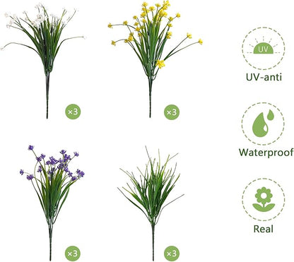 Artificial Flowers, 12 Bundles UV-Resistant and Not-Fading PE Faux Plants Flowers for Outdoor Planters Home Garden Porch Wedding Décor, Yellow Purple White