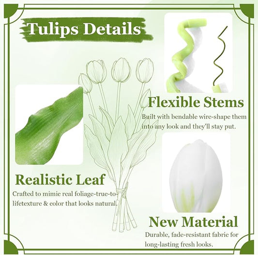 15 Pcs Green Artificial Flowers Tulips Real Touch Latex Plastic Soft Faux Bouquets for Party, Wedding, Home, Room, Garden Decor