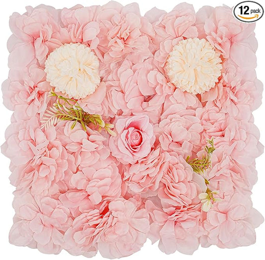 Eapmic 15"x 15" Artificial Flower Wall Panels,Flower Wall Mat Silk Flower Panels for Outdoor Garden Backyard Fence Fence Privacy Screen and Indoor Wall Decor(12Pcs Pink+Champagne)