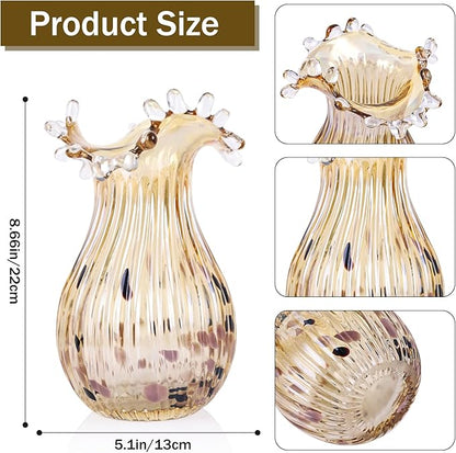 DOVDOV Hand Blown Amber Glass Art Deco Vase, Unique Wide Mouth Table Centerpiece, Perfect for Home Decor, Wedding, Engagement, or Housewarming