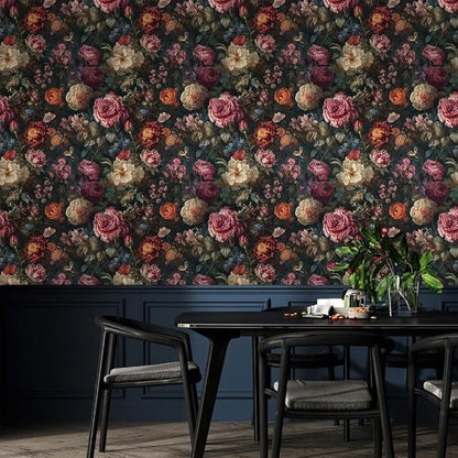 Vintage Dark Black Purple Red Flowers Leaf Botanical Floral Peel and Stick Wallpaper Easy Peel Off Contact Paper Stick on Adhesive Wall Paper for Bathroom Waterproof Renter Friendly