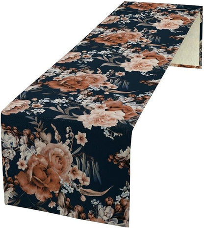Vintage Flower Table Runner, Boho Black Dark Floral Plant Bohemian Watercolor Spring Garden Botanical Art Table Cover for Holiday Farmhouse Kitchen Dining Table Decor, 13x90inch