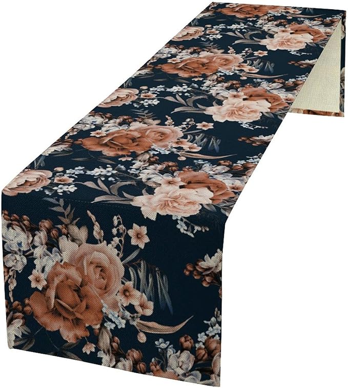 Vintage Flower Table Runner, Boho Black Dark Floral Plant Bohemian Watercolor Spring Garden Botanical Art Table Cover for Holiday Farmhouse Kitchen Dining Table Decor, 13x120inch