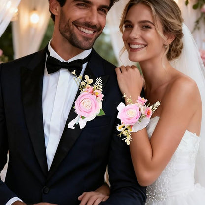 Wrist Corsage and Boutonniere Set, Artificial Rose Corsage Wristlet and Boutonniere for Wedding Prom Party (Light Pink, 2pcs)
