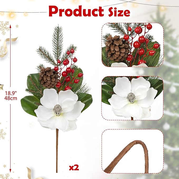 Briful White Magnolia Christmas Flower Branches, 2 Pack 18.9in Artificial Magnolia Floral Picks and Spray with Pinecones Berries for Xmas Tree Vase Arrangements Decor