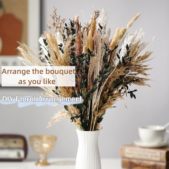 Musunny Pampas Grass Decor, Boho Decor Dried Flower Bouquet for Room,Bedroom,Office,Dried Flower Arrangements for Home Decor Wedding Centerpieces