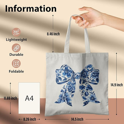 Blue and White Chinoiserie Prints Canvas Tote Bag for Women, Reusable Folding Shopping Bags with Handles