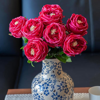 Fake Flowers for Decoration Home Decor Real Touch Artificial Flowers Austin Rose Peony Latex Fake Flower Living Room Decoration Vivid Pink Roses Peonies (Red 4pcs)