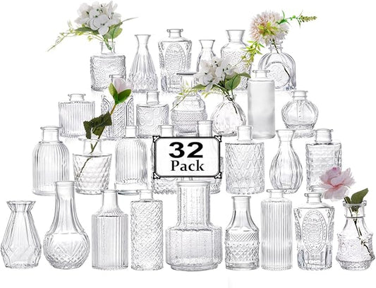 32pcs Glass Bud Vase Set, Small Vintage Glass Vase, Mini Vases for Flowers for Wedding, Party, Home or Table Decoration