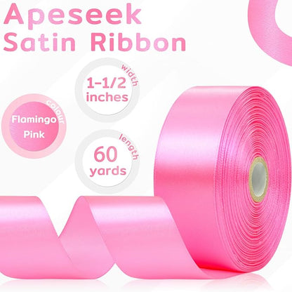 60 Yards Flamingo Pink Satin Ribbon 1-1/2 Inch, Solid Polyester Fabric Ribbon for Gift Wrapping, Crafts, Flower Bouquet, Wedding, Baby Shower, Festival, Christmas, Mother's Day