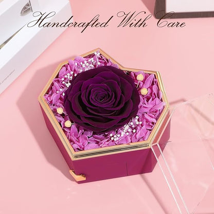Preserved Real Rose with Necklace Forever Flowers Diamond shaped Box for Mom Wife Girlfriend Grandma on Mothers Day Birthday Valentines Christmas Anniversary Beatiful Gifts for women (Purple)