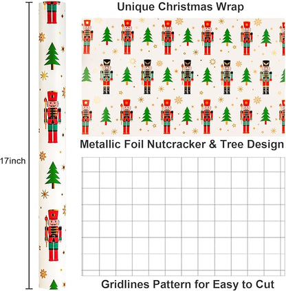 Yarcony Nutcracker Wrapping Paper Roll, White Christmas Wrapping Paper, Metallic Foil Elegant Christmas Tree, Nutcracker Gift Wrap for Holiday, New Year, Celebrations (Mini Roll, 17 Inch X 33 Feet)