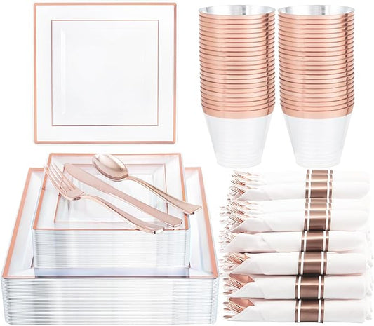 DaYammi 175 PCS Rose Gold Plastic Plates, Rose Gold Plastic Dinnerware Sets Includes: 25 Dinner Plates, 25 Salad Plates, 25 Pre Rolled Napkins with silverware 25 Cups 9 OZ, Perfect for Valentine's Day
