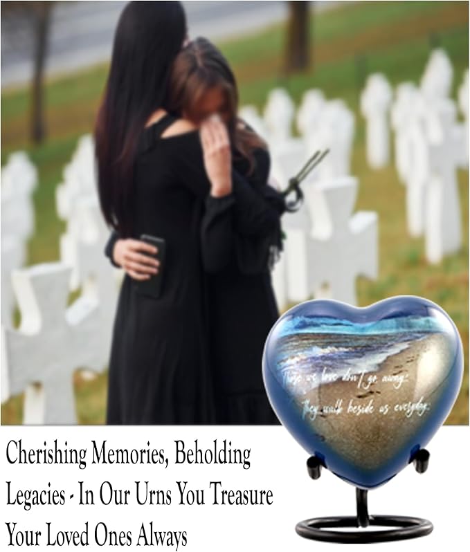 Footprints Heart Keepsake Urn - Footprints Mini Cremation Urn for Ashes - Miniature Beach Sharing Urns - Memorial Blue Beach Urn with Dispaly Stand, Premium Box & Velvet Bag (Heart Keepsake)