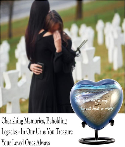 Footprints Heart Keepsake Urn - Footprints Mini Cremation Urn for Ashes - Miniature Beach Sharing Urns - Memorial Blue Beach Urn with Dispaly Stand, Premium Box & Velvet Bag (Heart Keepsake)