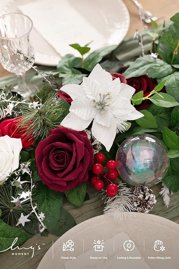 Ling's moment Christmas Eucalyptus Garland with Flowers 6FT，Table Runner with Flowers Marsala Mantle Decor Handcrafted Wedding Centerpieces for Rehearsal Dinner Bridal Shower | Red & White