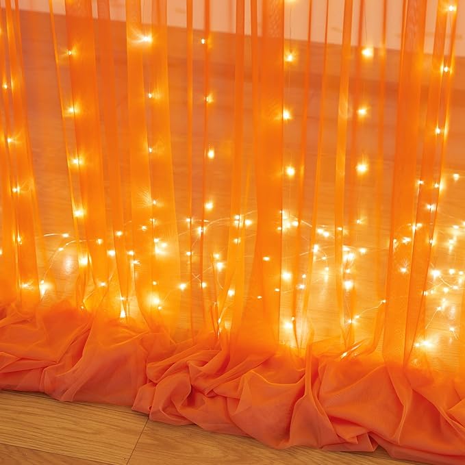 10ft x 8ft Orange Tulle Photo Backdrop Curtain with Lights String for Halloween Party Orange Sheer Curtain Backdrop Drapes for Birthday Party Wedding Photo Booth Background Home Room Decorations