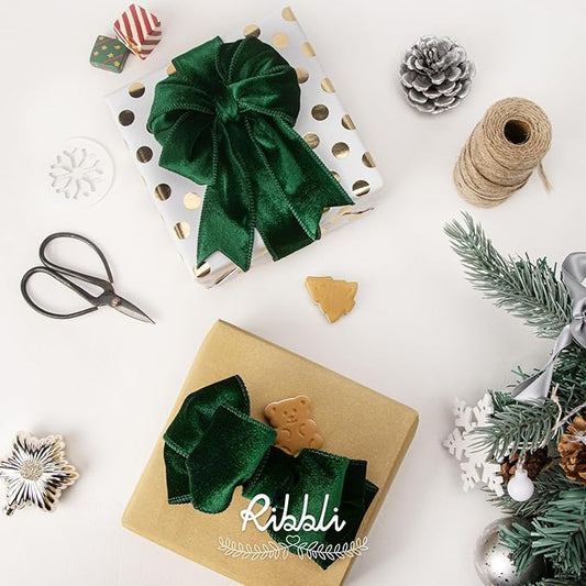 Ribbli Forest Green Velvet Wired Ribbon 2.5 Inch Velvet with Satin Christmas Ribbon for Gift Wrapping Christmas Tree Decoration Crafts Wreaths Supplies-Continuous 10 Yards