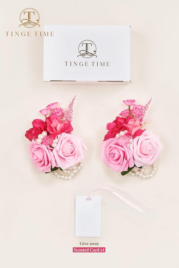 TINGE TIME Set of 2 Peach Pink Wrist Corsage Bracelets Pearl Wristlet Band Bridesmaid Bracelet for Wedding Ceremony Bridal Shower Wedding Artificial Flower Prom Hot Pink