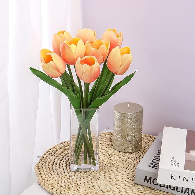 Briful Fake Flowers Artificial Tulip Flower Peach in Clear Vase, Real Touch Foam Tulip Arrangement Suitable for Home Office Decoration, Dining Table Centerpiece