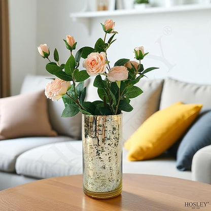 Hosley Set of 2 Mercury Gold Glass Vases – Elegant Flower Pots for Boho Decor, Wedding Gifts, Decorative Centerpieces, Hurricane Style Vase for Home, Events, and DIY Crafts