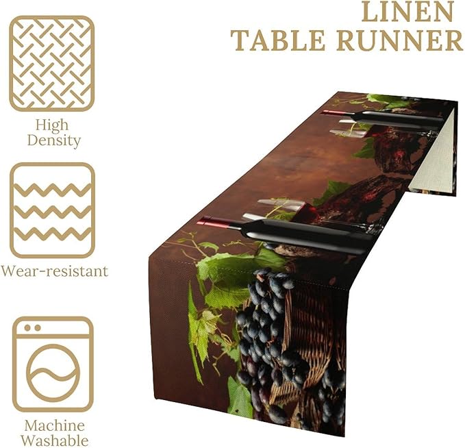 Red Wine Glasses Table Runner White Wine Glasses Grape Vintage Wooden Board Dinner Runner for Farmhouse Cabin Home Kitchen Dining Holiday Wedding Party Decor 13x36in