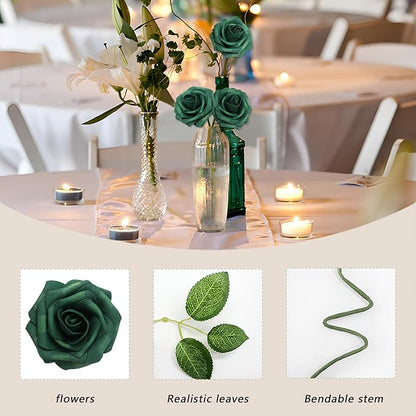 Artificial Flowers 50Pcs Peacock Green Roses Real Looking Foam Fake Roses with Leaves and for DIY Wedding Bouquets Bridal Shower Centerpieces Party Decorations (Peacock Green, 50)